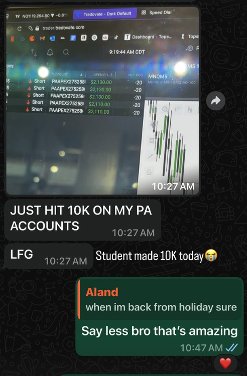 Student testimonial — hit $10K on PA accounts