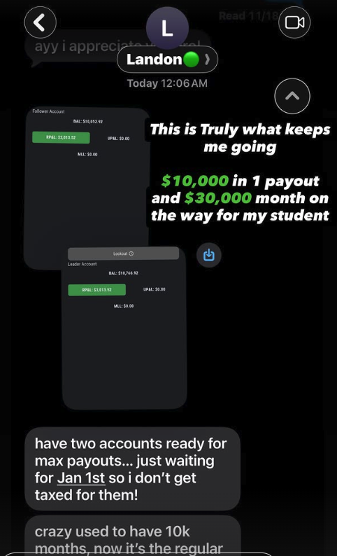 Student testimonial — $10,000 payout, two accounts