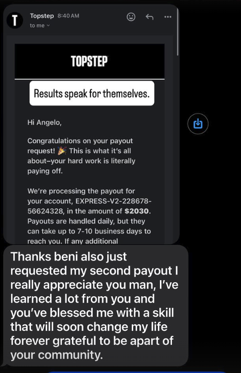 Student testimonial — payout thank you message