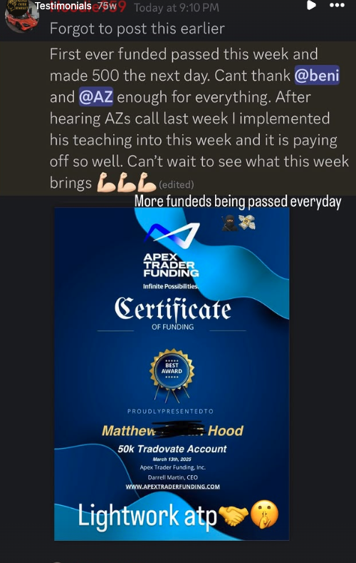 Student testimonial — passed funded, made $500 next day